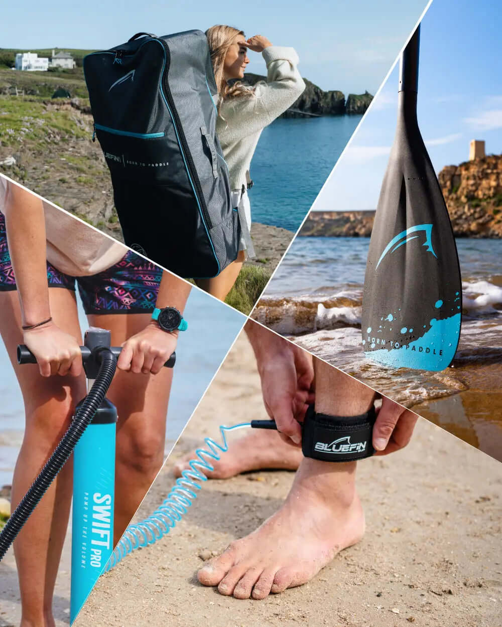 Collage of paddleboarding gear: backpack, paddle, pump, and ankle leash on sandy beach.