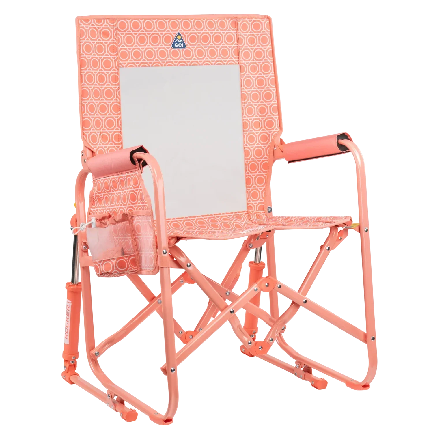 The front right side angle of the Coral Mosaic Stowaway Rocker.