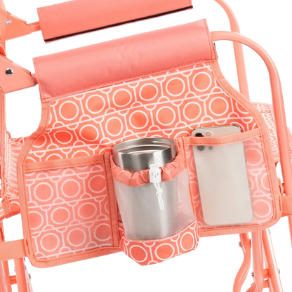The side caddy of the Coral Mosaic Stowaway Rocker showing the phone holder and cup holder. 