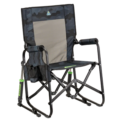 The front right side angle of the Stealth Camo Stowaway Rocker. 