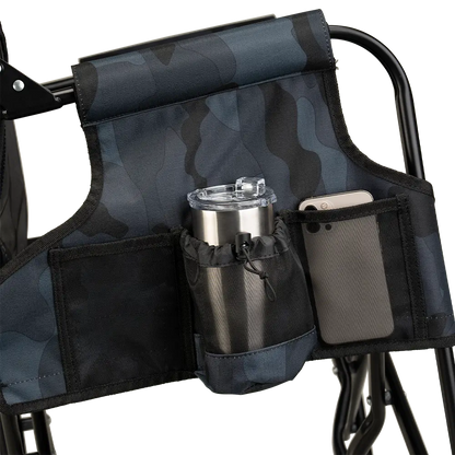 The side caddy of the Stealth Camo Stowaway Rocker showing the phone holder and cup holder. 