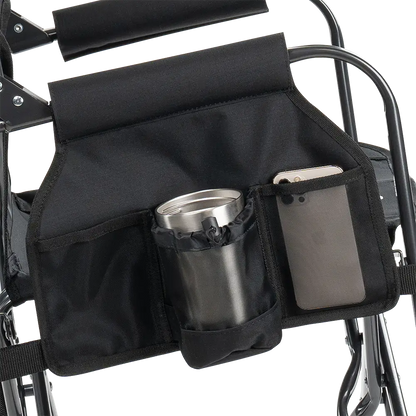 The side caddy of the Black Stowaway Rocker showing the phone holder and cup holder. 
