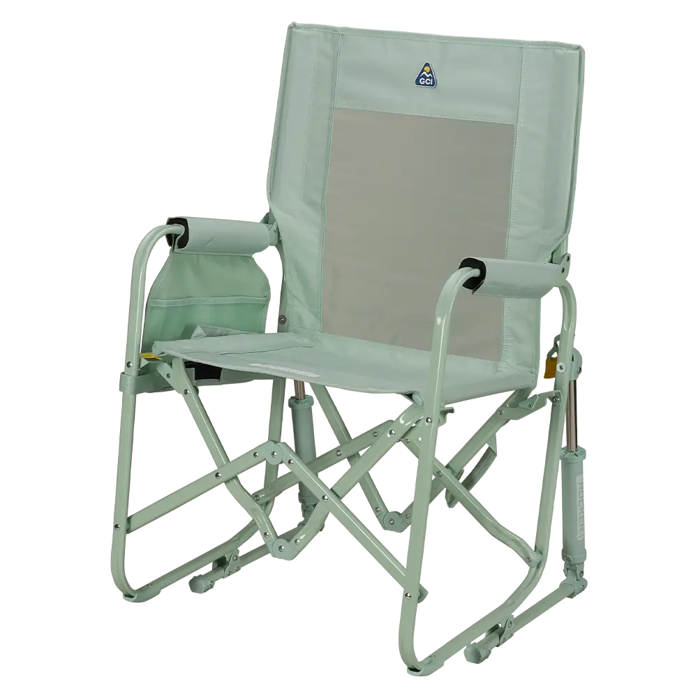 The front left side angle of the Pastel Green Stowaway Rocker. 