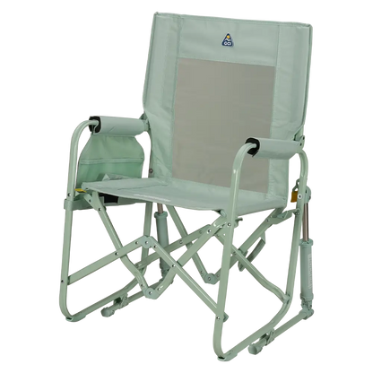 The front left side angle of the Pastel Green Stowaway Rocker. 