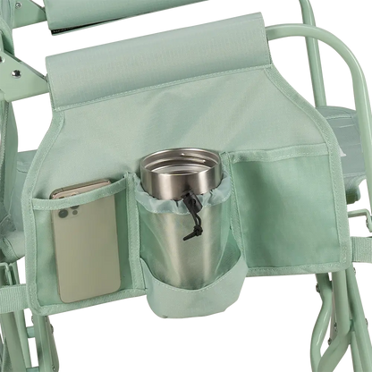 The side caddy of the Pastel Green Stowaway Rocker showing the phone holder and cup holder. 