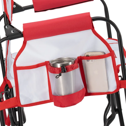 Side caddy of the Baseball Stowaway Rocker showing the phone holder and cup holder. 
