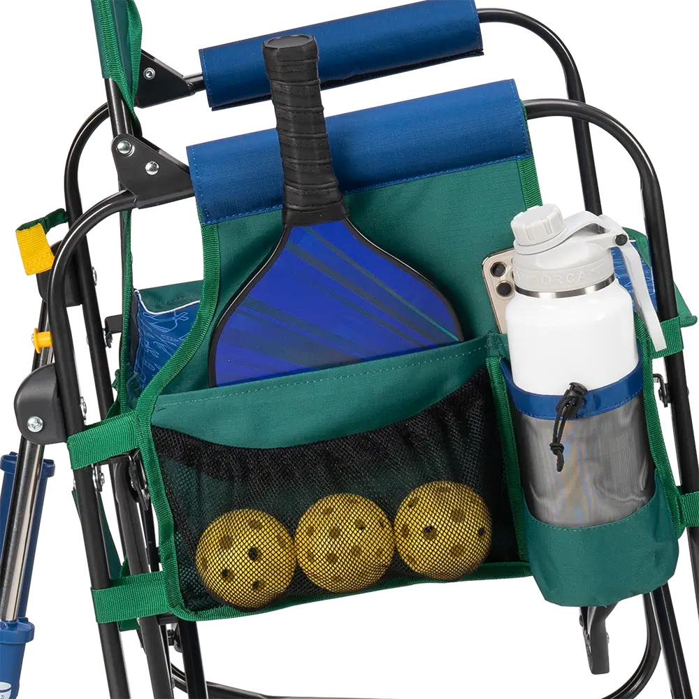 The side caddy of the Pickleball Stowaway Rocker showing the phone holder and cup holder. 