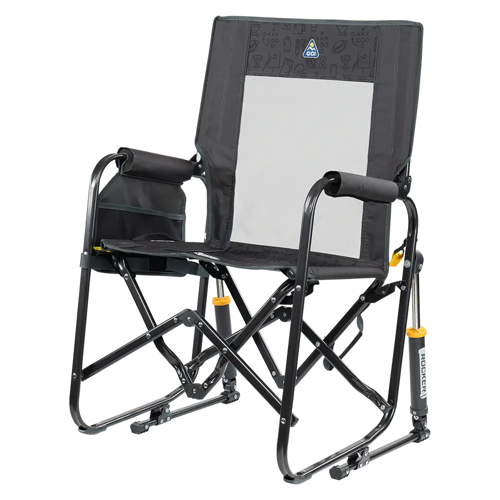 The front left side angle of the Tailgater Dark Charcoal Stowaway Rocker. 