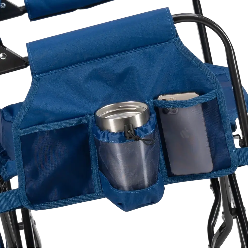 The side caddy of the Soft Navy Stowaway Rocker showing the phone holder and cup holder. 
