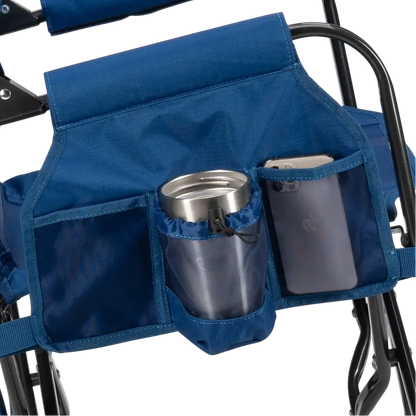 The side caddy of the Soft Navy Stowaway Rocker showing the phone holder and cup holder. 