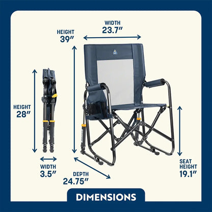 Dimensions of the denim stowaway rocker chair. 