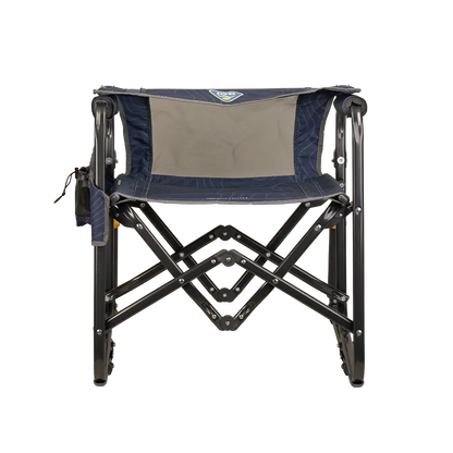 Folded backrest on the navy topo Stowaway Rocker. 