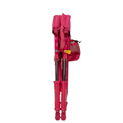 A portable pink rocking chair with a gray seat and armrests, folded and ready for outdoor use - Top Folded View