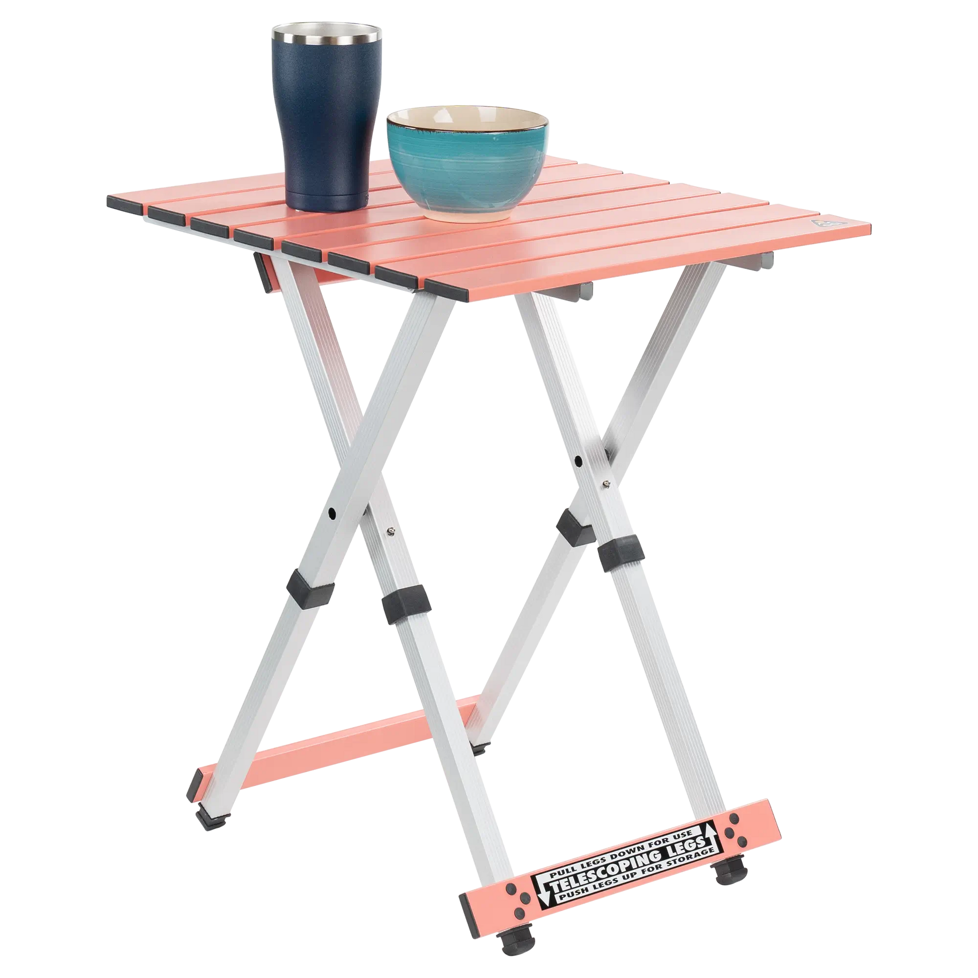 Compact Camp Table 20, Coral, Front Side Angle with Props