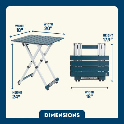 Dimension overview of the Compact Camp Table shown open and folded, with labeled height, width, and depth for both positions.