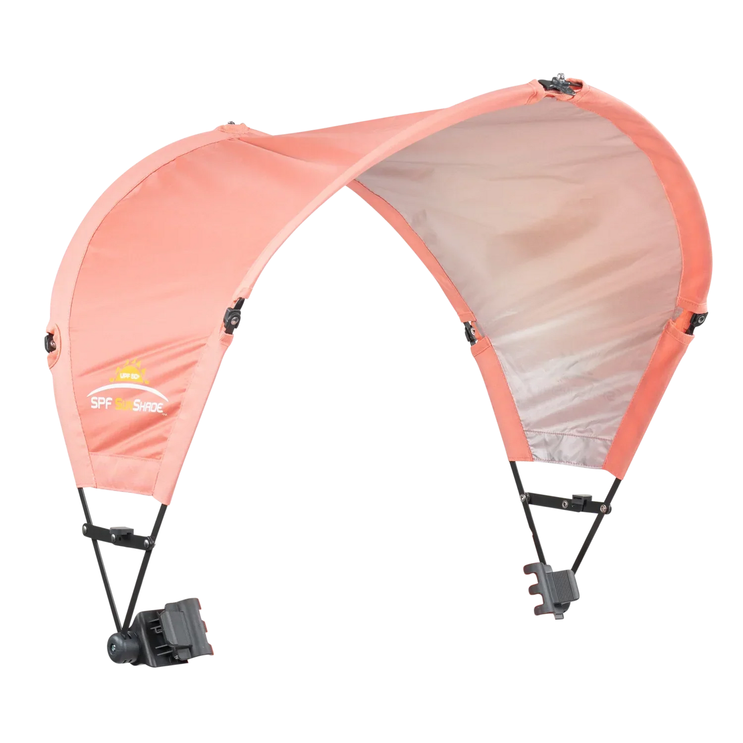 The coral Sunshade Accessory unfolded and positioned at a right angle. 
