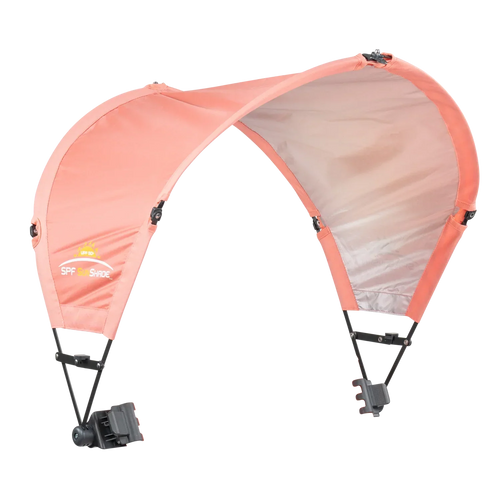 The coral Sunshade Accessory unfolded and positioned at a right angle. 