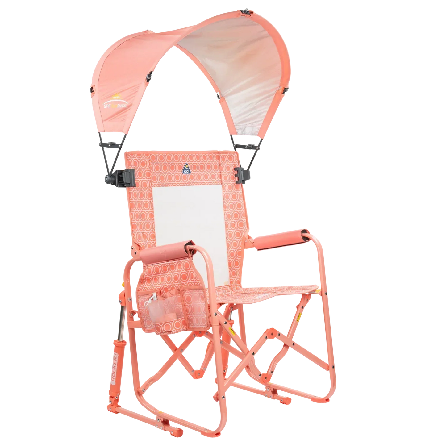 Front right angle of the coral Sunshade Accessory attached to a coral Stowaway Rocker. 