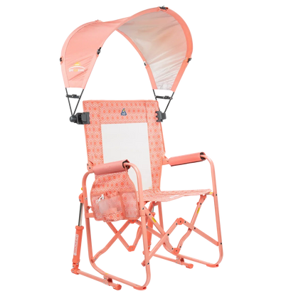 Front right angle of the coral Sunshade Accessory attached to a coral Stowaway Rocker. 