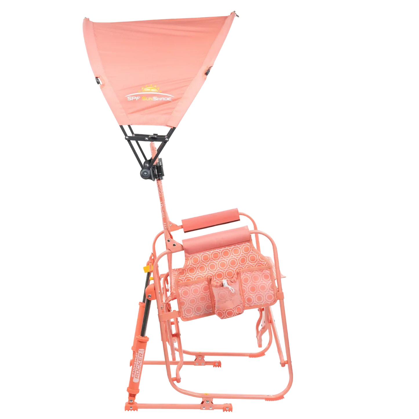 Side angle of the coral Sunshade Accessory attached to a Coral Stowaway Rocker. 