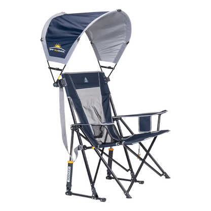 A indigo sunshade accessory attached to a comfort pro rocker. 