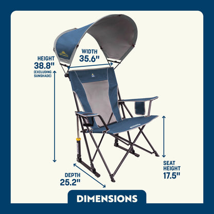 Sunshade Rocker shown fully open with labeled dimensions; includes tall backrest, cupholder, and UPF 50+ adjustable canopy.