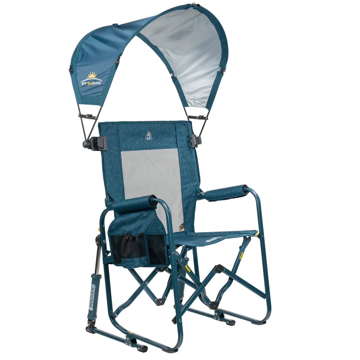 Front right angle of the teal Sunshade Accessory attached to a Stowaway Rocker.