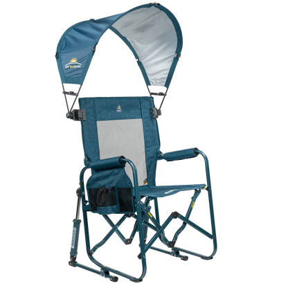 Front right angle of the teal Sunshade Accessory attached to a Stowaway Rocker.