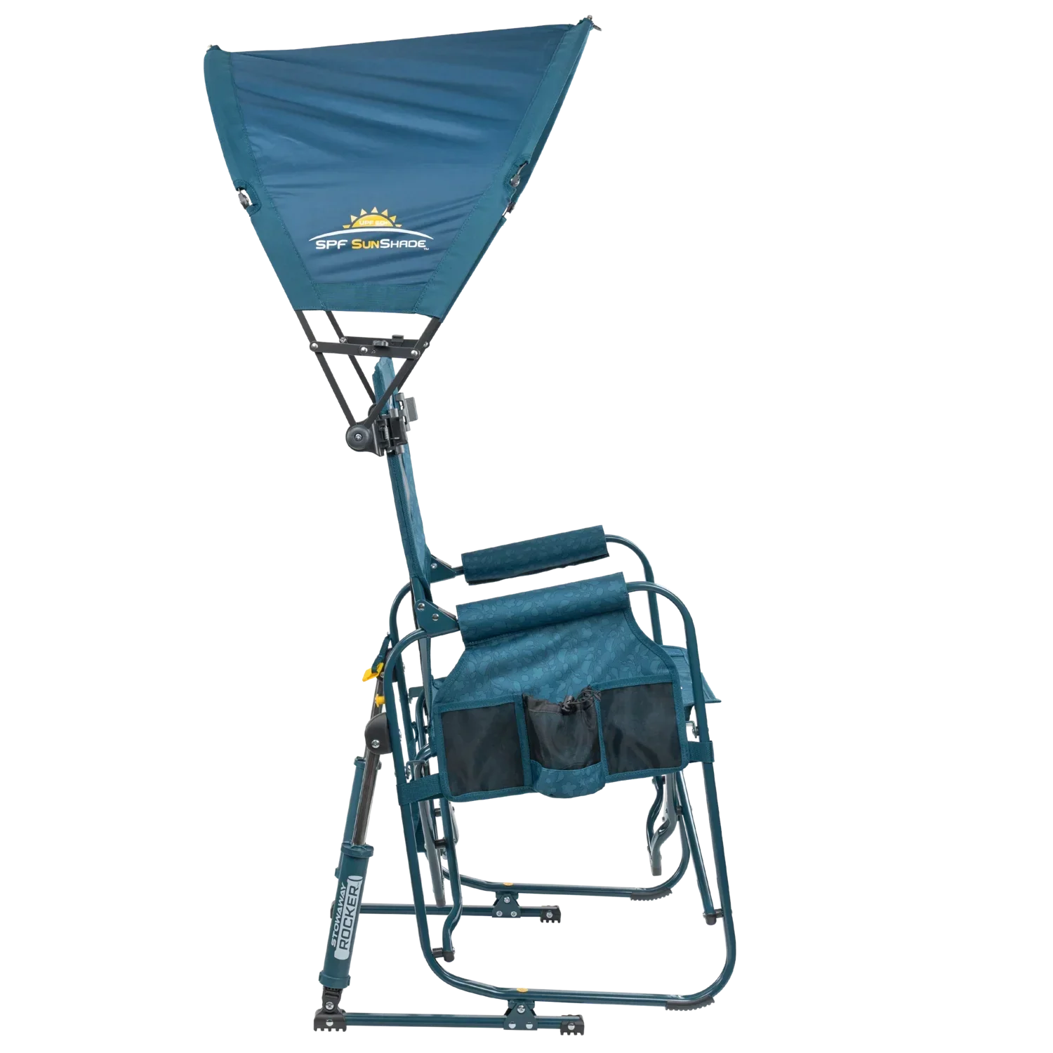Side angle of the teal Sunshade Accessory attached to a Stowaway Rocker.