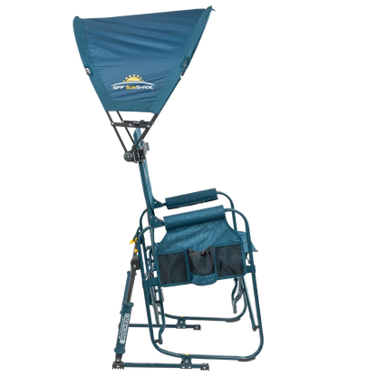 Side angle of the teal Sunshade Accessory attached to a Stowaway Rocker.