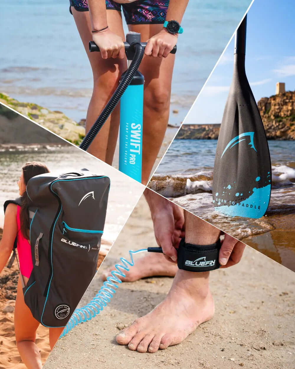 Collage of paddleboarding gear: pump, paddle, backpack, and ankle leash on sandy beach.