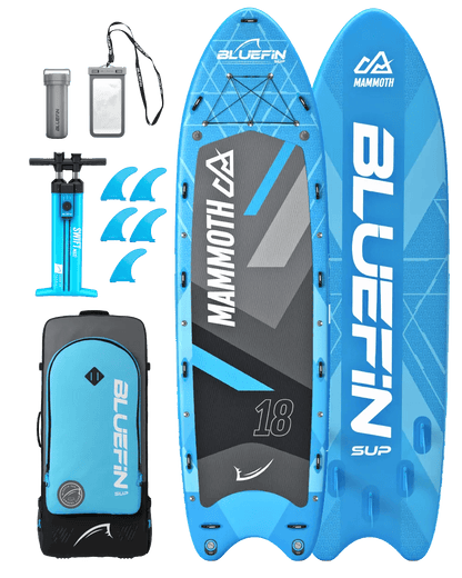 Inflatable paddleboard with blue and gray design, pump, fins, backpack, and waterproof case.