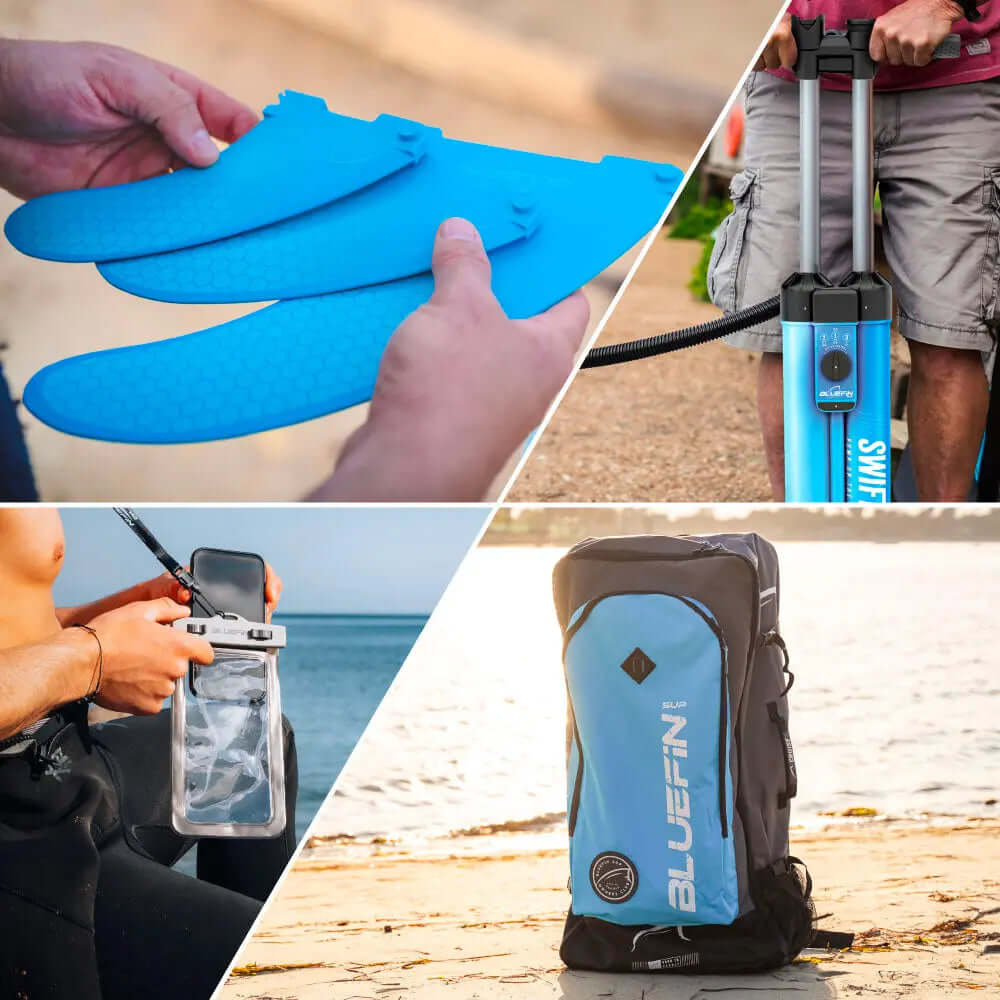 Bluefin SUP accessories including blue fins, pump, waterproof bag, and user holding a phone case.