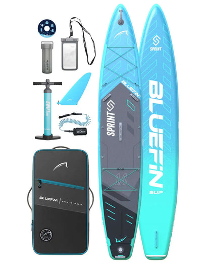 Inflatable paddleboard kit with pump, fin, backpack, and accessories in blue and gray colors.