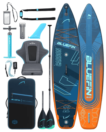 Inflatable paddleboard kit including paddle, pump, seat, fin, and carrying bag in blue and orange colors.
