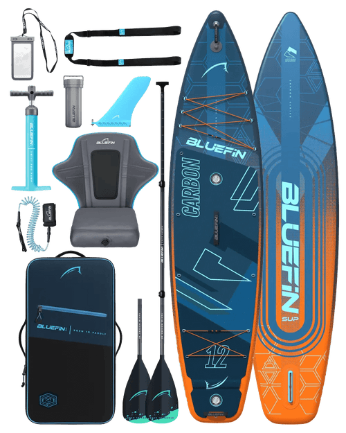 Inflatable paddleboard kit including paddle, pump, seat, fin, and carrying bag in blue and orange colors.