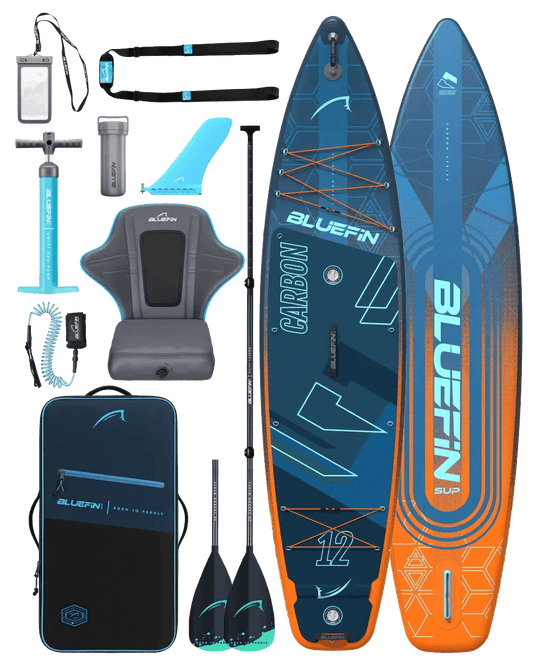 Inflatable paddleboard kit including paddle, pump, seat, fin, and carrying bag in blue and orange colors.