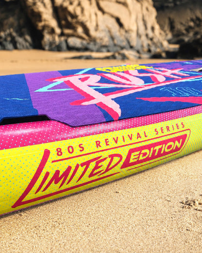 Inflatable paddleboard with vibrant 80s design, featuring 'Limited Edition' text and textured surface.