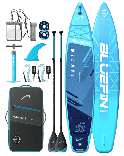 Inflatable tandem paddleboard in blue with two paddles, pump, fin, and carrying bag.